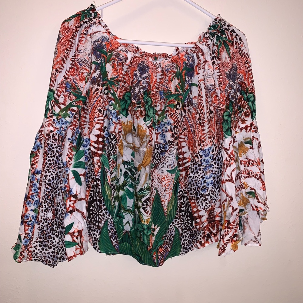 (M) Vintage Ebby and I Floral Off-The-Shoulder Blouse Long Sleeve Shirt